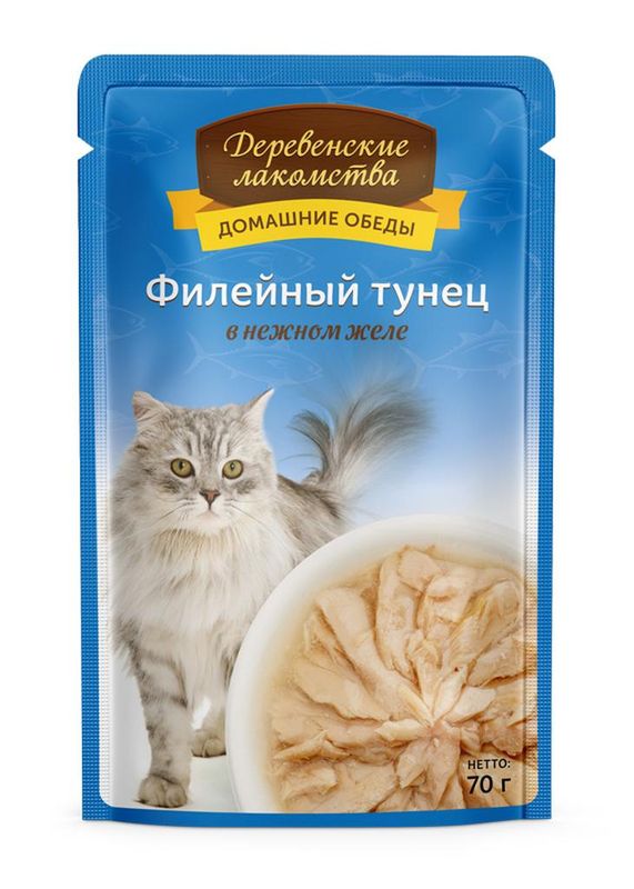 Домашние обеды для кошек: филейный тунец в нежном желе, пауч 70 гр