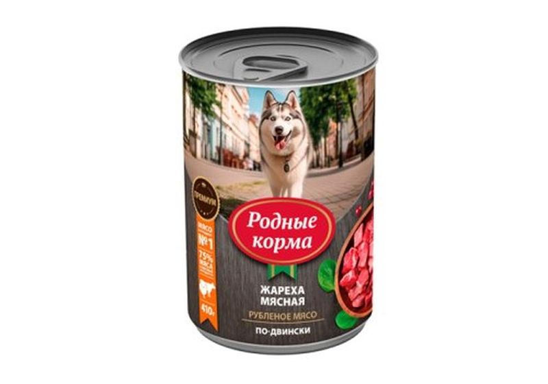 Консервированный корм для щенков "жареха мясная по-двински", банка 410 гр