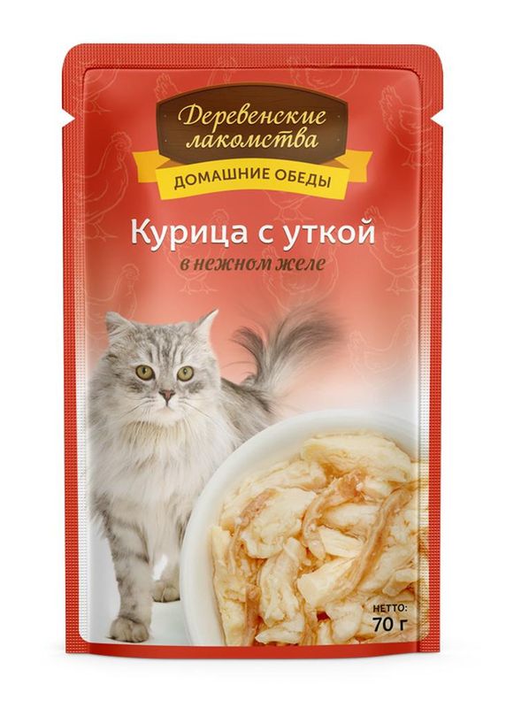 Домашние обеды для кошек: курица с уткой в нежном желе, пауч 70 гр