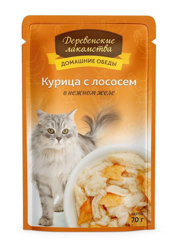 Домашние обеды для кошек: курица с лососем в нежном желе, пауч 70 гр
