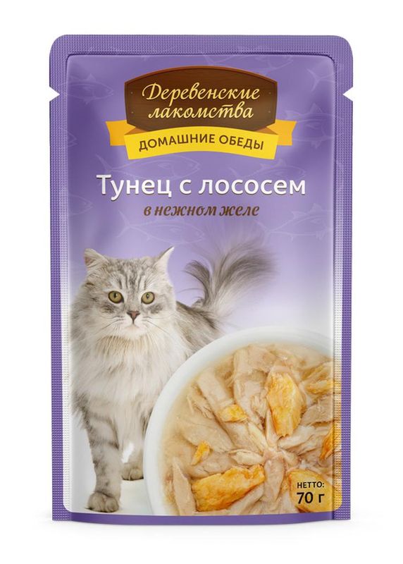 Домашние обеды для кошек: тунец с лососем в нежном желе, пауч 70 гр